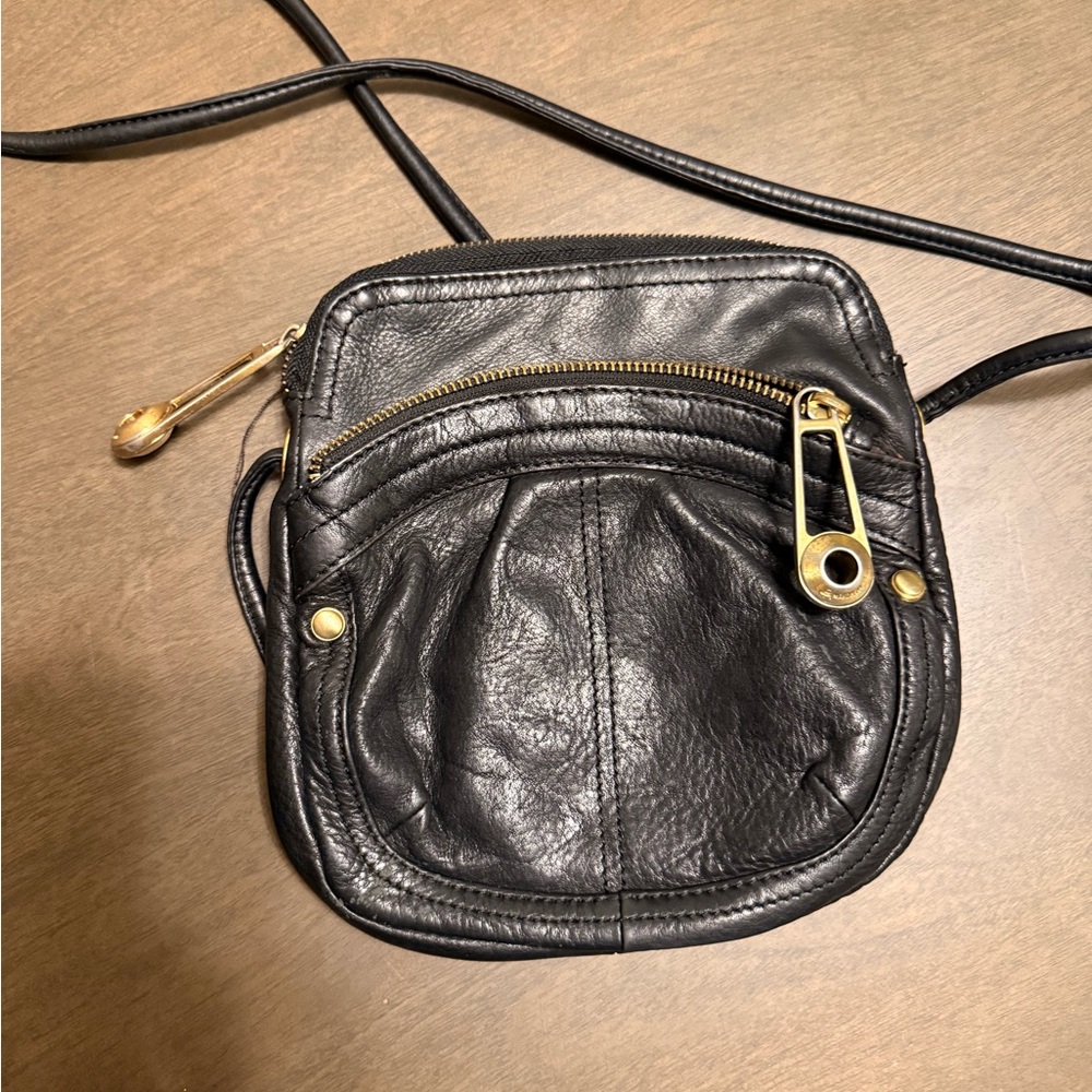 B. Makowsky Black Leather Crossbody Bag with Gold Accents